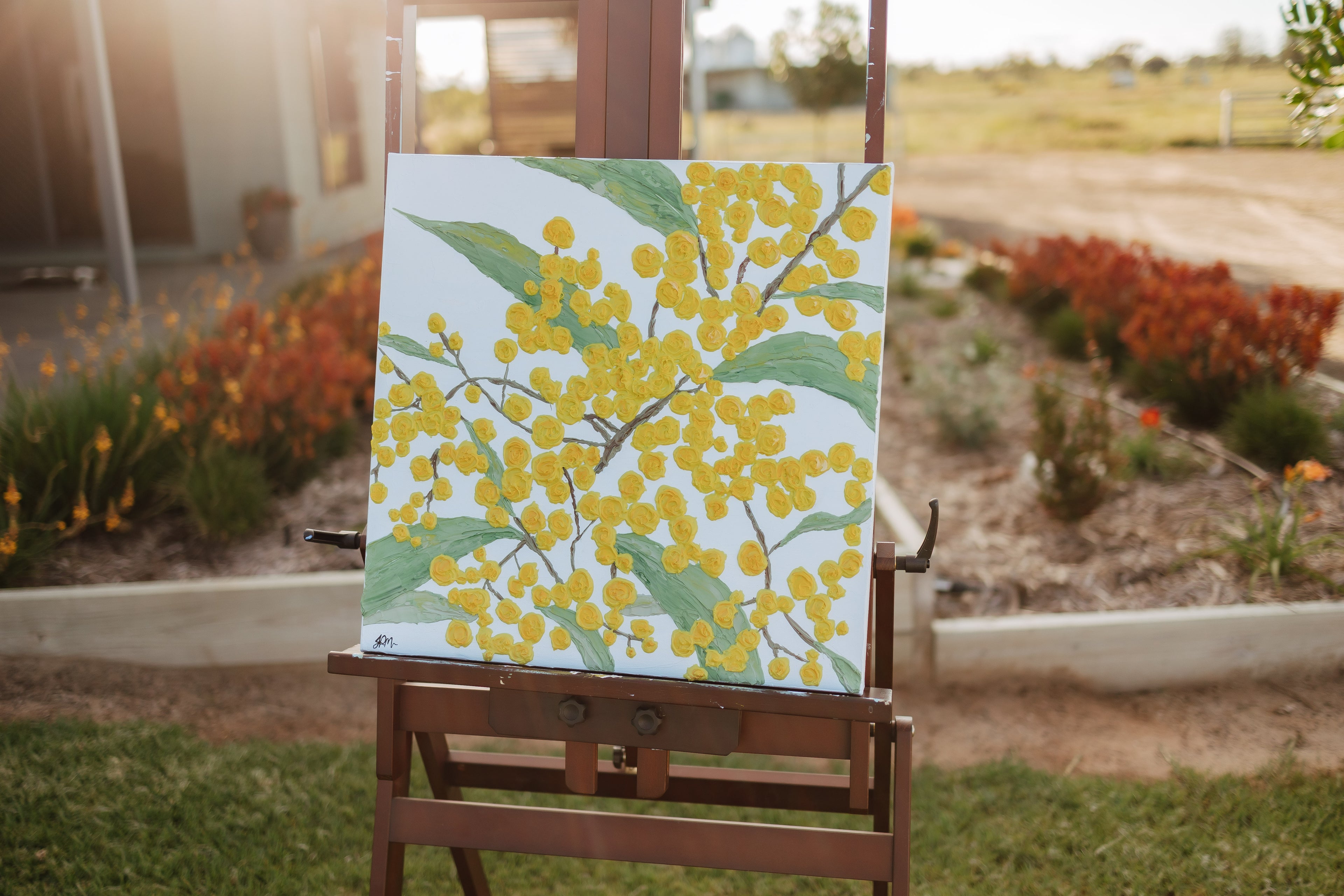 Wattle in Bloom artwork - yellow wattles with green leaves